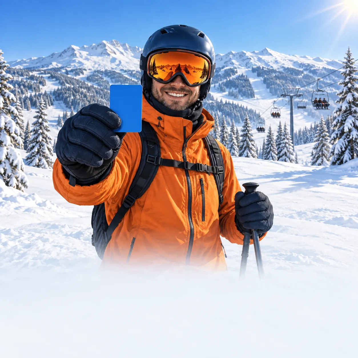 Telesiyej önünde skipass kartı gösteren kayakçı